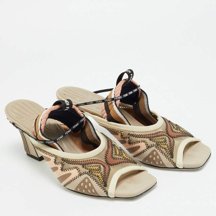 Pre Owned Fendi Evie Size 39 Multicolor Fabric and Net Ankle Strap Sandals