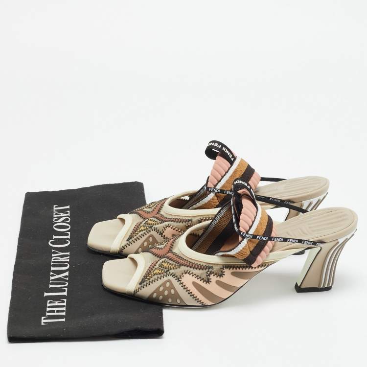 Pre Owned Fendi Evie Size 39 Multicolor Fabric and Net Ankle Strap Sandals