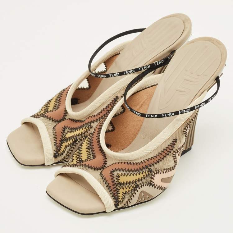 Pre Owned Fendi Size 35 Multicolor Fabric and Mesh Ankle Strap Sandals