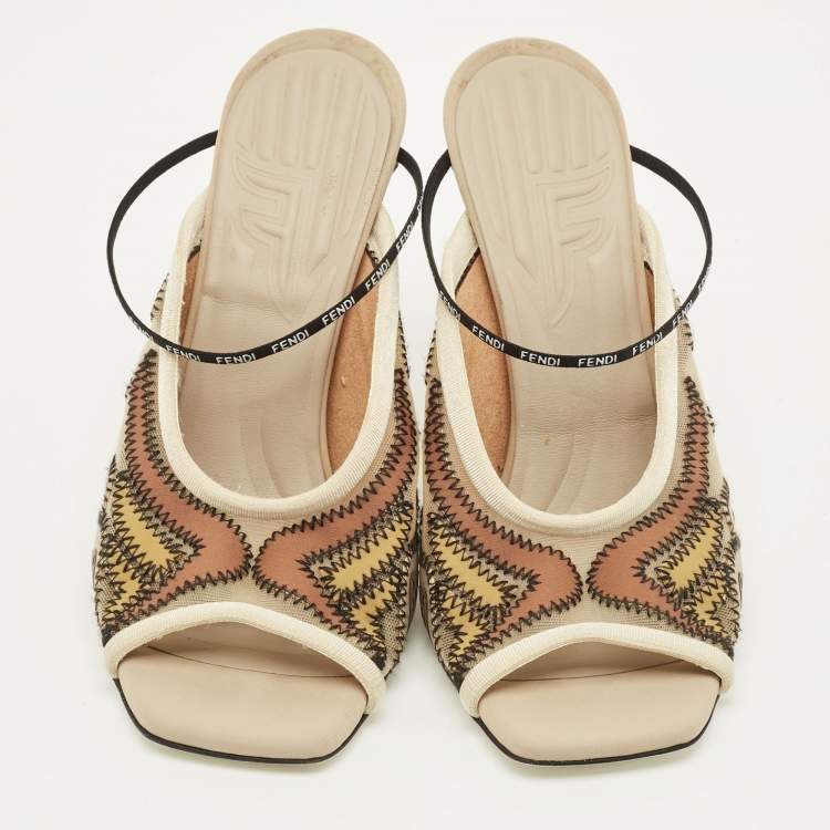 Pre Owned Fendi Size 35 Multicolor Fabric and Mesh Ankle Strap Sandals