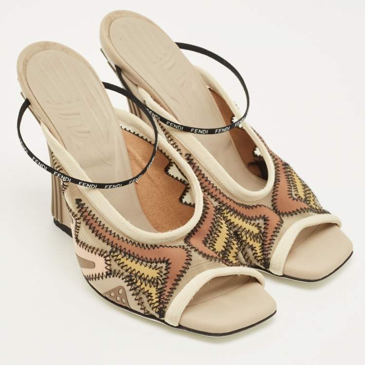 Pre Owned Fendi Size 35 Multicolor Fabric and Mesh Ankle Strap Sandals