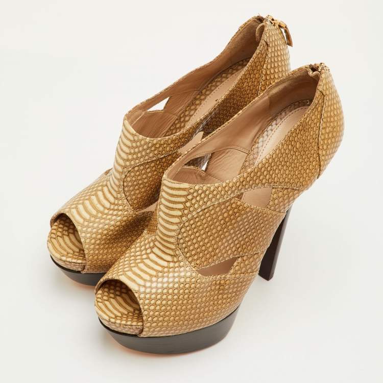 Pre Owned Fendi Cut Out Size 40 Beige Python Embossed Leather Open Toe Platform Sandals