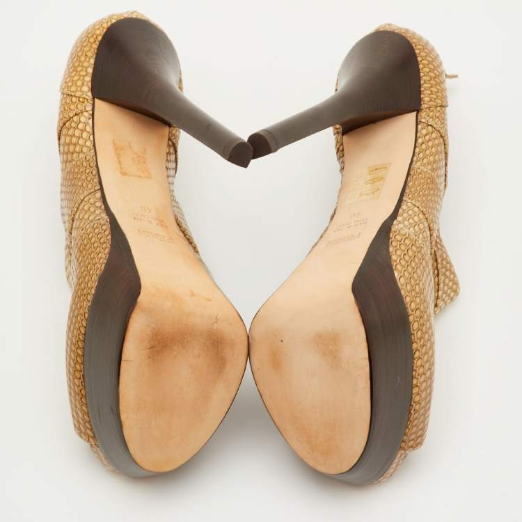Pre Owned Fendi Cut Out Size 40 Beige Python Embossed Leather Open Toe Platform Sandals