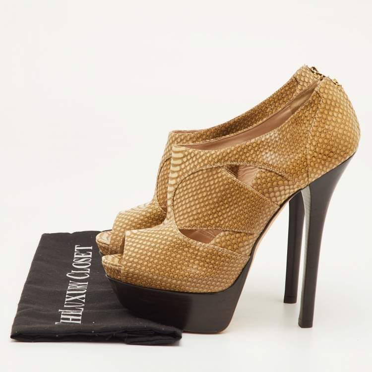 Pre Owned Fendi Cut Out Size 40 Beige Python Embossed Leather Open Toe Platform Sandals