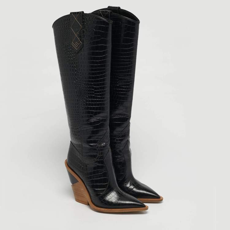 Pre Owned Fendi Cowboy Size 36 Black Croc Embossed Leather Knee Length Boots