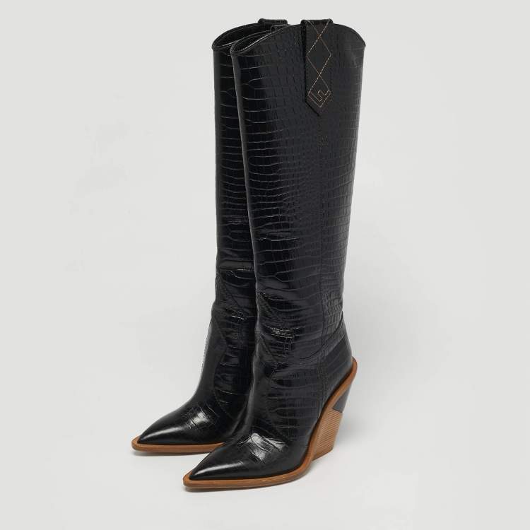 Pre Owned Fendi Cowboy Size 36 Black Croc Embossed Leather Knee Length Boots