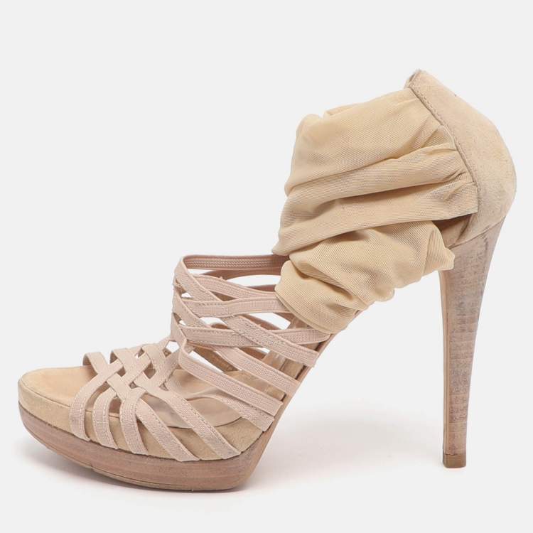 Pre Owned Fendi Strappy Size 35.5 Beige Elastane, Mesh and Suede Sandals