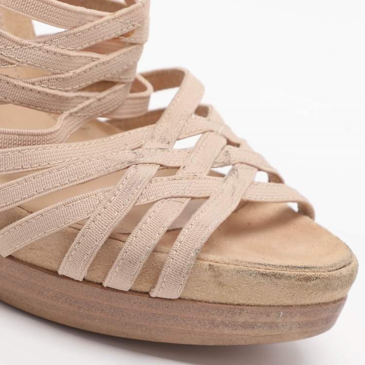 Pre Owned Fendi Strappy Size 35.5 Beige Elastane, Mesh and Suede Sandals