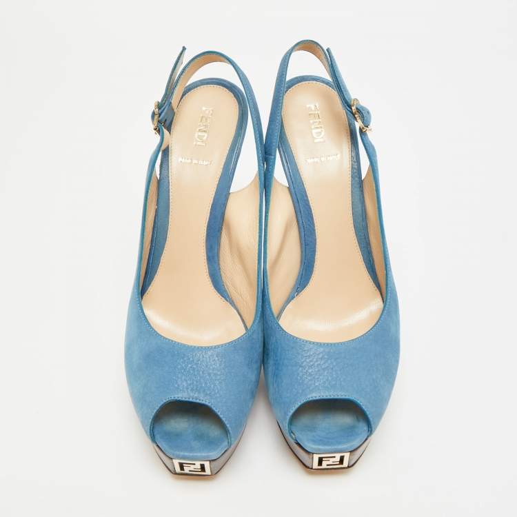 Pre Owned Fendi Fendista Size 40 Blue Nubuck Leather Peep Toe Slingback Pumps