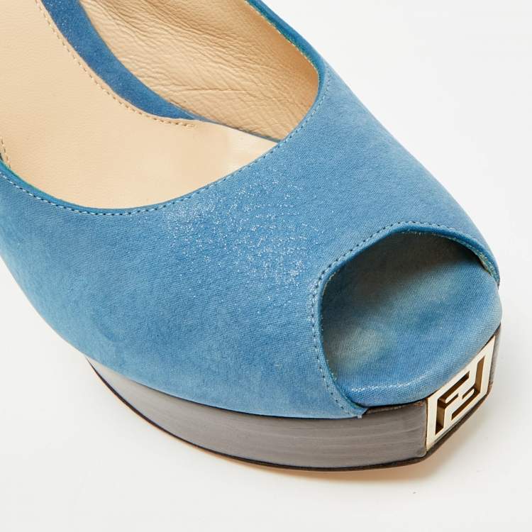 Pre Owned Fendi Fendista Size 40 Blue Nubuck Leather Peep Toe Slingback Pumps