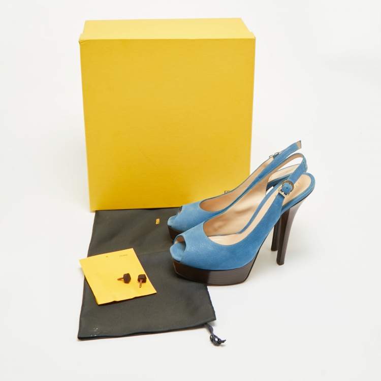 Pre Owned Fendi Fendista Size 40 Blue Nubuck Leather Peep Toe Slingback Pumps