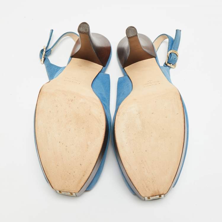 Pre Owned Fendi Fendista Size 40 Blue Nubuck Leather Peep Toe Slingback Pumps