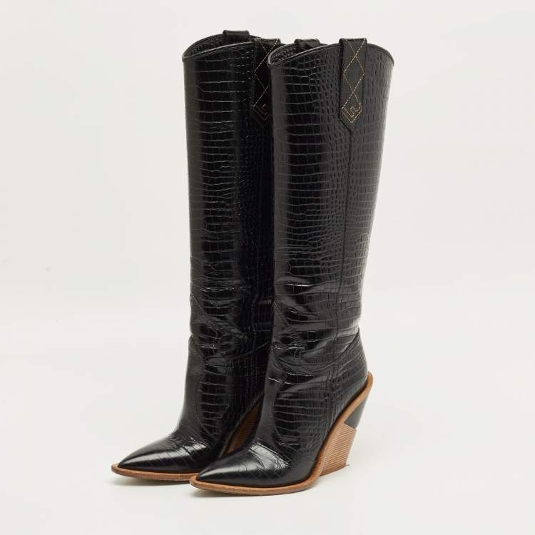 Pre Owned Fendi Size 38 Black Croc Embossed Leather Knee Length Boots
