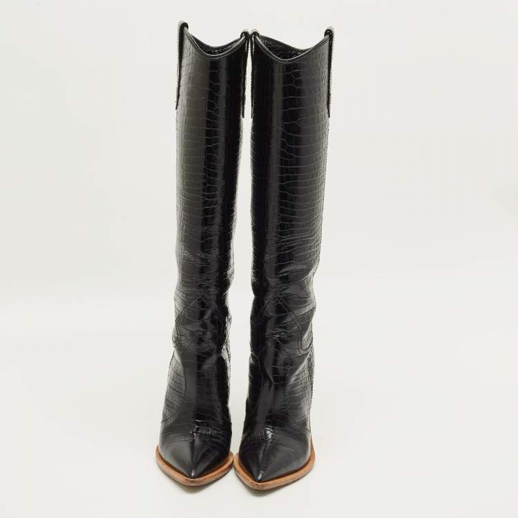 Pre Owned Fendi Size 38 Black Croc Embossed Leather Knee Length Boots
