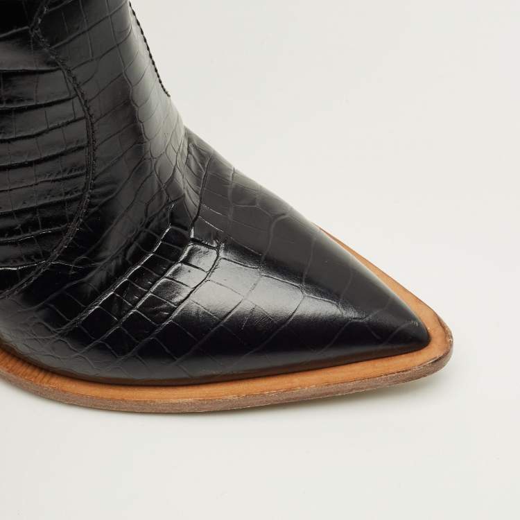 Pre Owned Fendi Size 38 Black Croc Embossed Leather Knee Length Boots