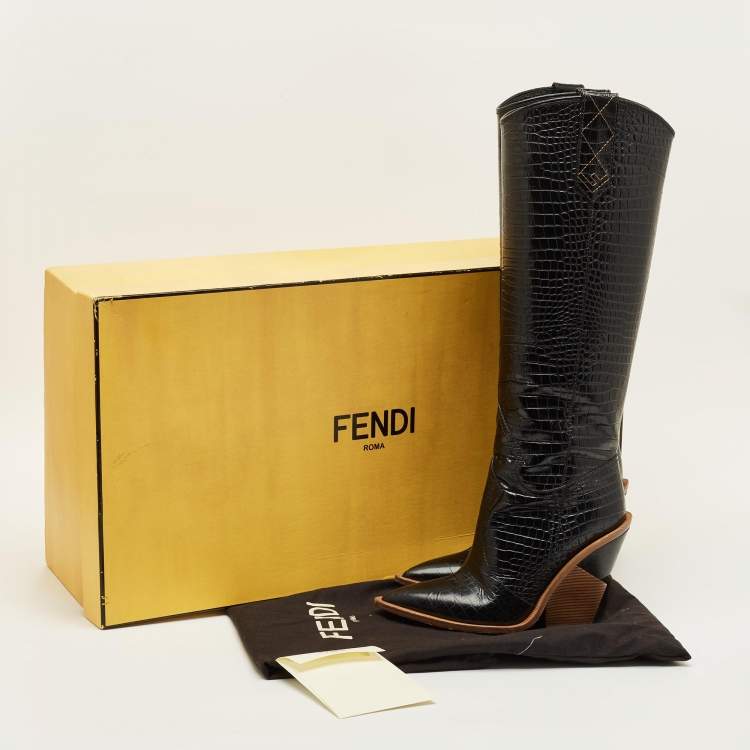 Pre Owned Fendi Size 38 Black Croc Embossed Leather Knee Length Boots