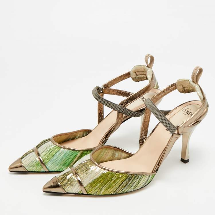 Pre Owned Fendi Colibri Size 37 Multicolor Metallic Fabric and Nylon Slingback Pumps