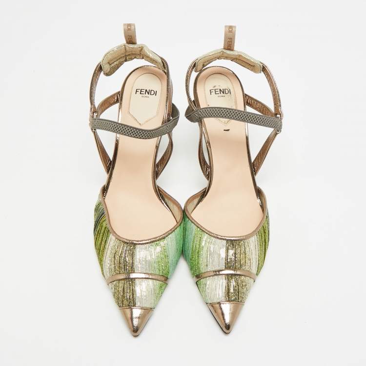 Pre Owned Fendi Colibri Size 37 Multicolor Metallic Fabric and Nylon Slingback Pumps