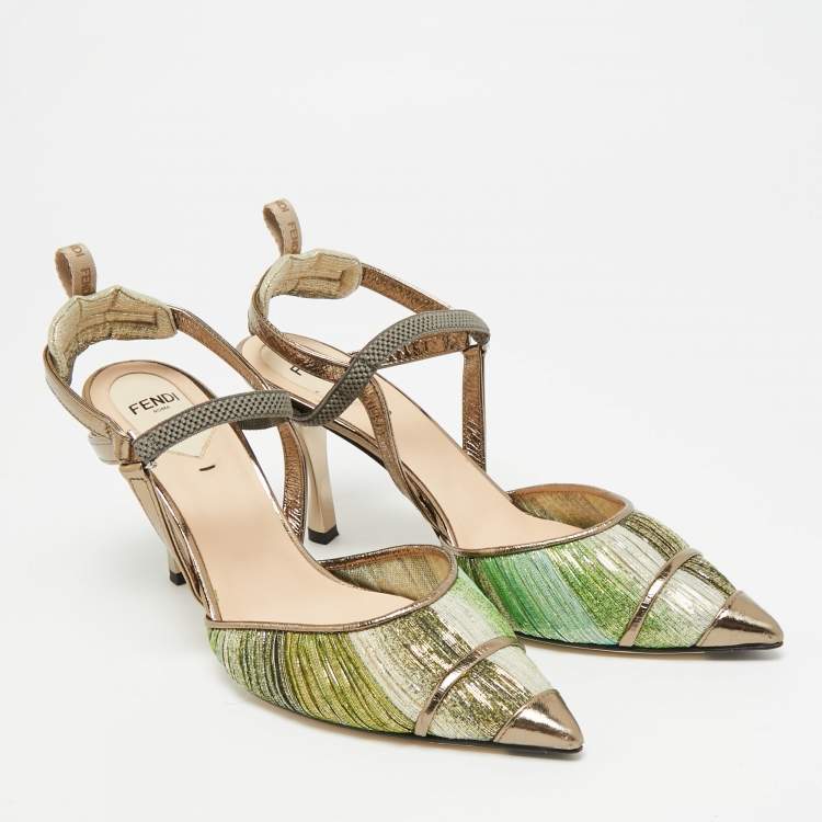 Pre Owned Fendi Colibri Size 37 Multicolor Metallic Fabric and Nylon Slingback Pumps