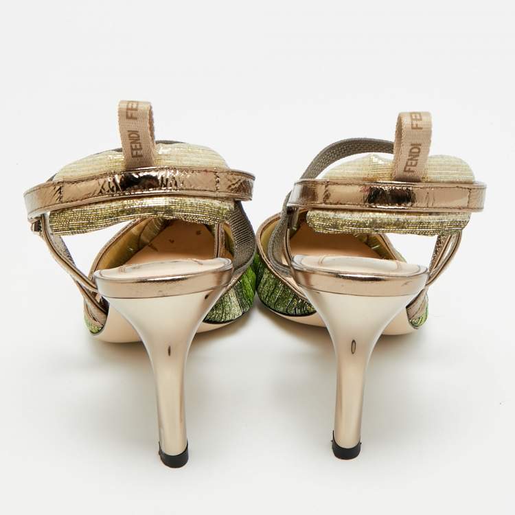 Pre Owned Fendi Colibri Size 37 Multicolor Metallic Fabric and Nylon Slingback Pumps