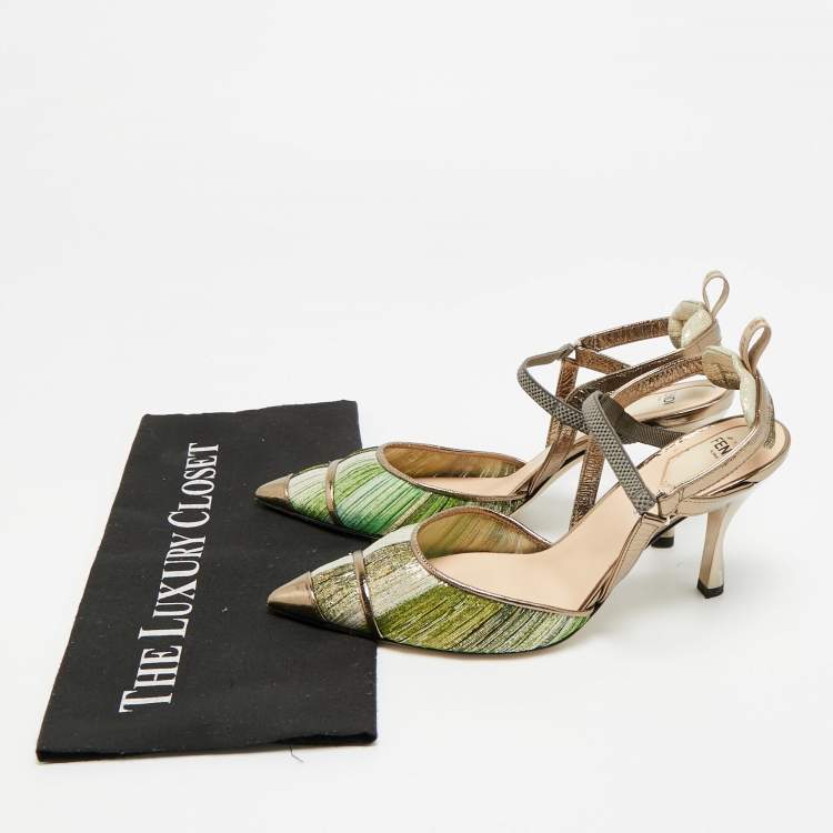 Pre Owned Fendi Colibri Size 37 Multicolor Metallic Fabric and Nylon Slingback Pumps