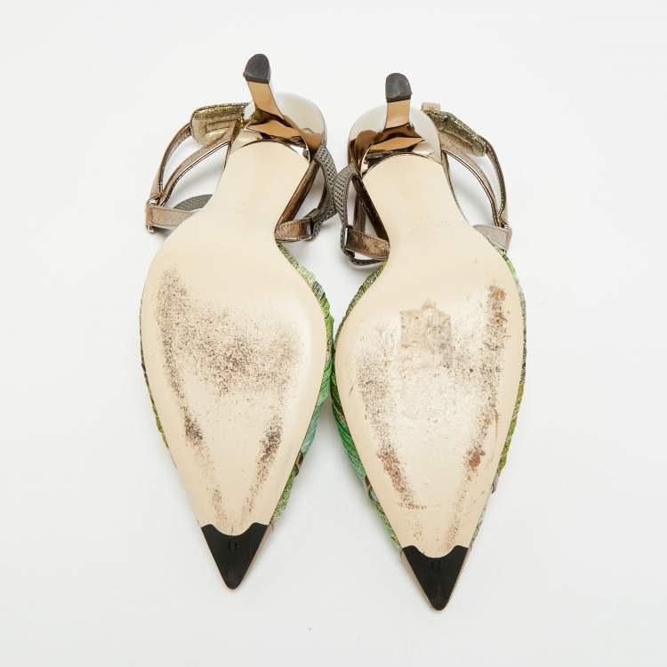 Pre Owned Fendi Colibri Size 37 Multicolor Metallic Fabric and Nylon Slingback Pumps