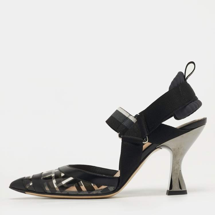 Pre Owned Fendi Colibri Size 36 Black/White PVC and Leather Slingback Pumps