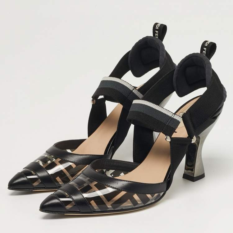 Pre Owned Fendi Colibri Size 36 Black/White PVC and Leather Slingback Pumps