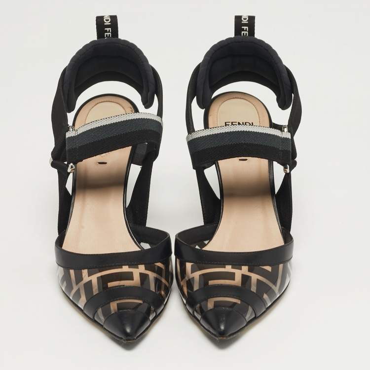 Pre Owned Fendi Colibri Size 36 Black/White PVC and Leather Slingback Pumps