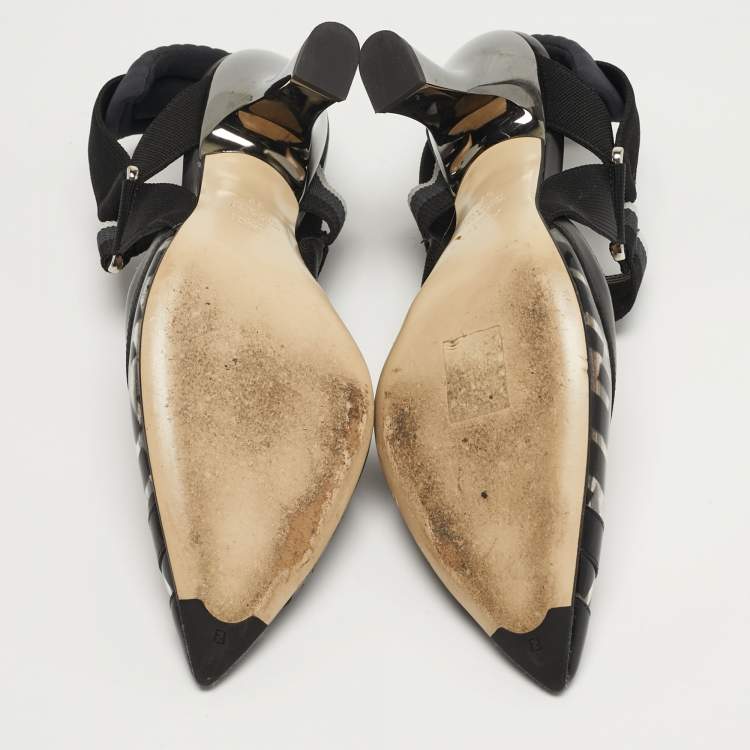 Pre Owned Fendi Colibri Size 36 Black/White PVC and Leather Slingback Pumps