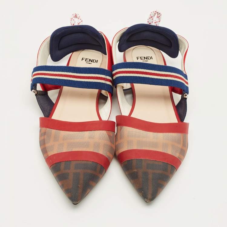 Pre Owned Fendi Colibri Size 39 Multicolor Canvas and Mesh Slingback Flats