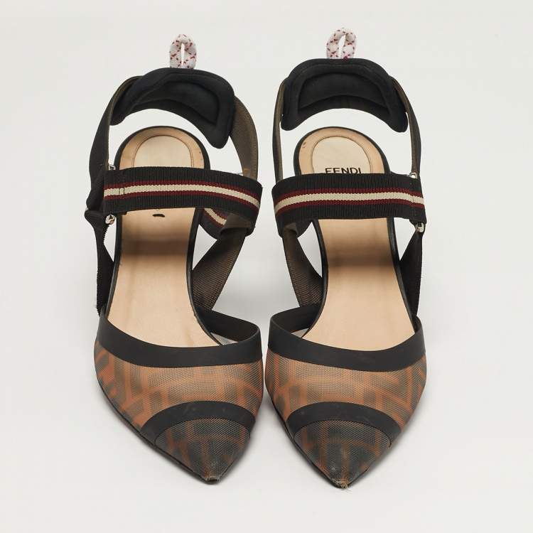 Pre Owned Fendi Colibri Size 40 Black Leather and Mesh Slingback Pumps