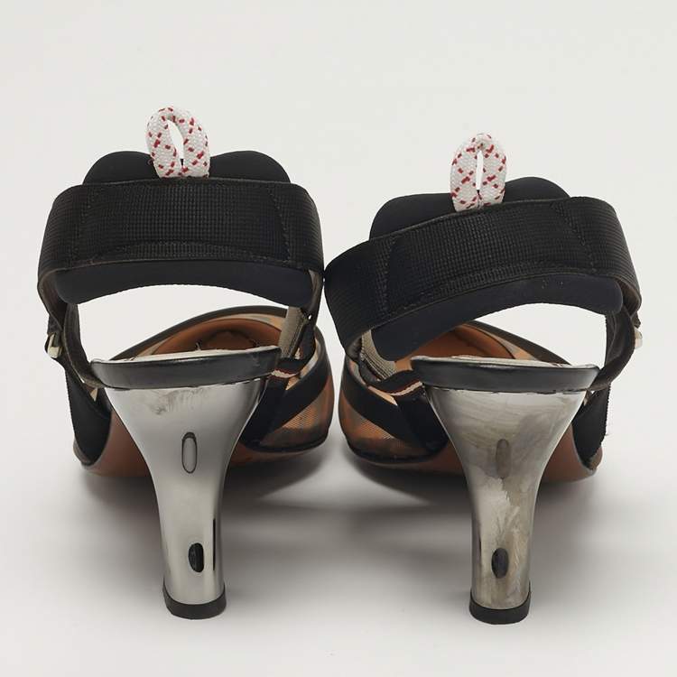 Pre Owned Fendi Colibri Size 40 Black Leather and Mesh Slingback Pumps