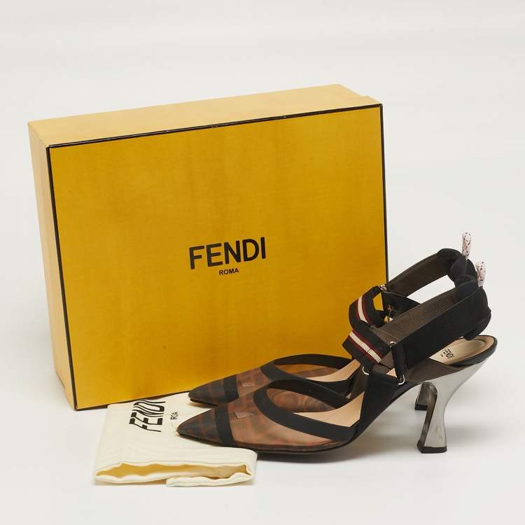 Pre Owned Fendi Colibri Size 40 Black Leather and Mesh Slingback Pumps