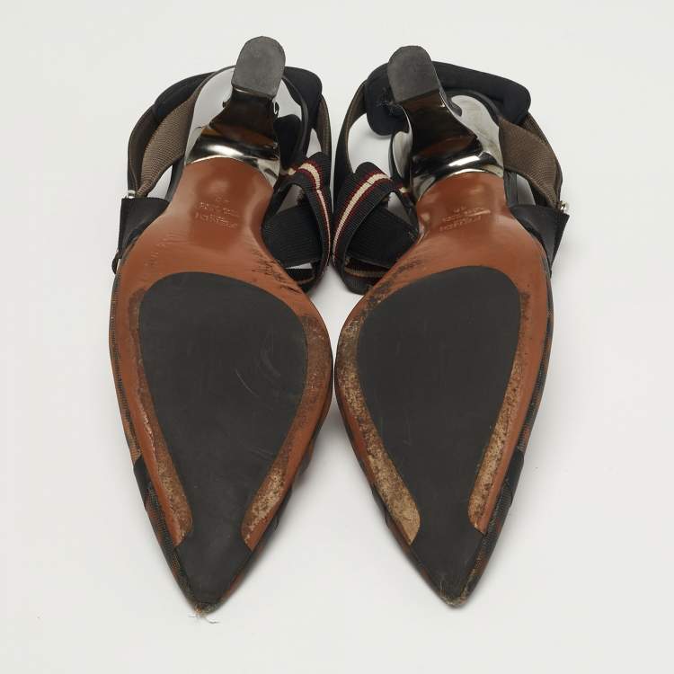 Pre Owned Fendi Colibri Size 40 Black Leather and Mesh Slingback Pumps