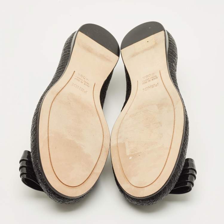 Pre Owned Fendi Bow Size 38.5 Black Raffia and Patent Leather Ballet Flats