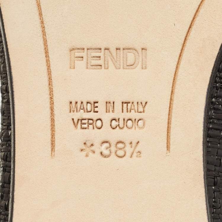 Pre Owned Fendi Bow Size 38.5 Black Raffia and Patent Leather Ballet Flats