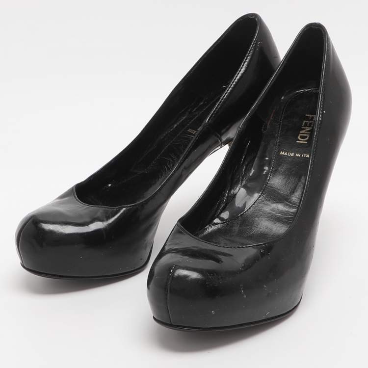 Pre Owned Fendi Size 35 Black Patent Leather FF Heels Platform Pumps