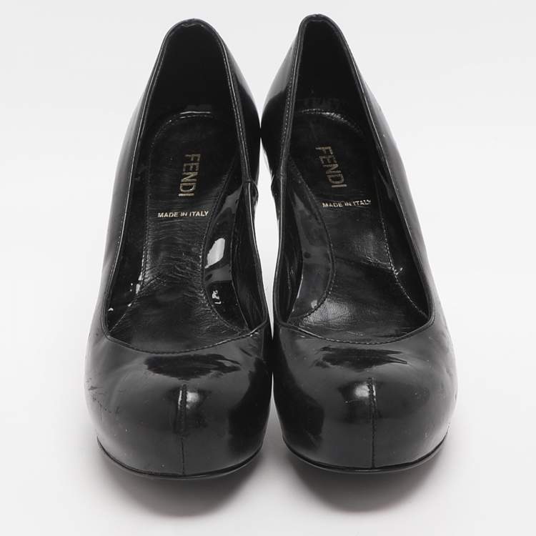 Pre Owned Fendi Size 35 Black Patent Leather FF Heels Platform Pumps