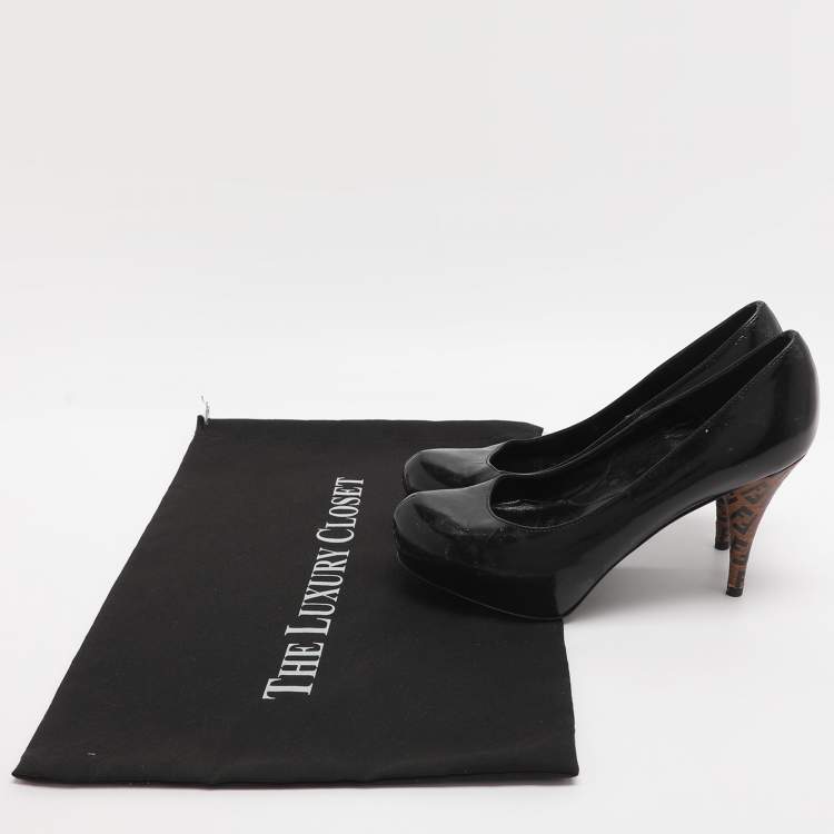 Pre Owned Fendi Size 35 Black Patent Leather FF Heels Platform Pumps