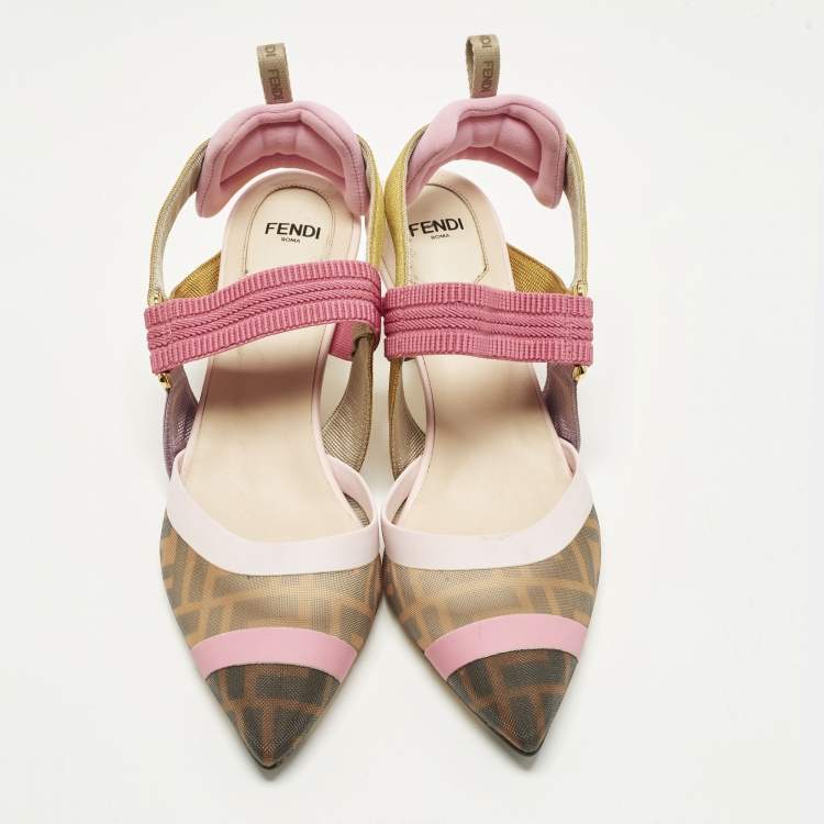 Pre Owned Fendi Colibri Size 37 Multicolor Zucca Canvas and Mesh Slingback Pumps