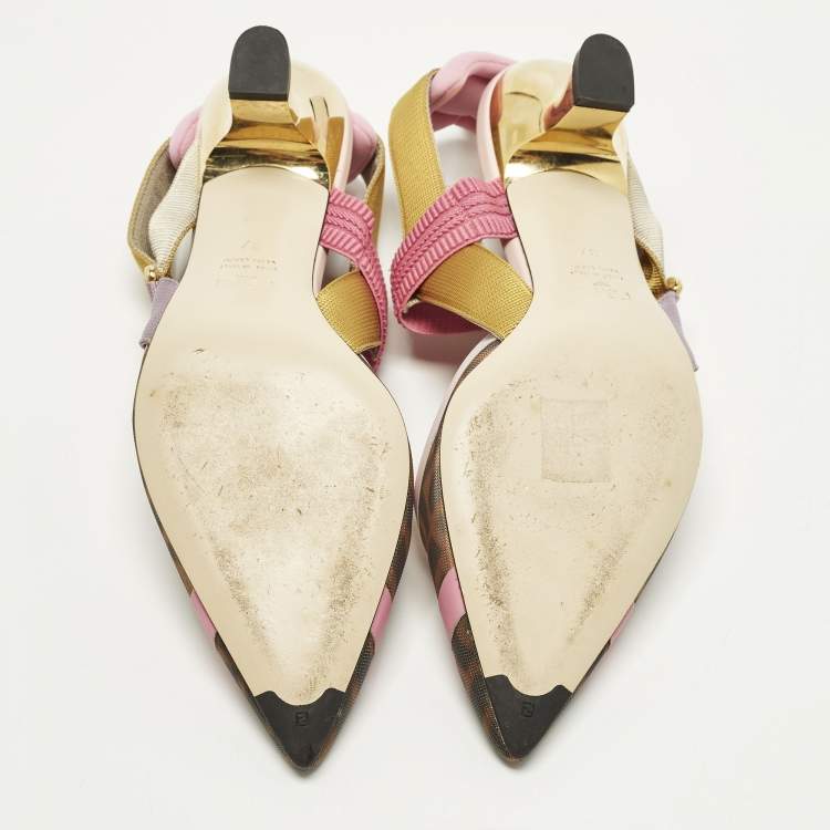 Pre Owned Fendi Colibri Size 37 Multicolor Zucca Canvas and Mesh Slingback Pumps
