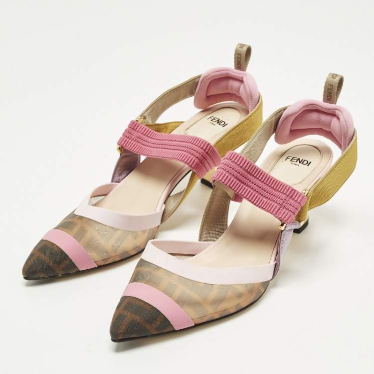 Pre Owned Fendi Colibri Size 37 Multicolor Zucca Canvas and Mesh Slingback Pumps