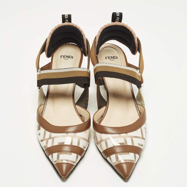 Pre Owned Fendi Colibri Size 38 Zucca Brown/White Leather and PVC Slingback Pumps