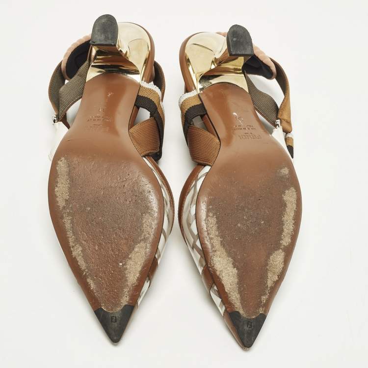 Pre Owned Fendi Colibri Size 38 Zucca Brown/White Leather and PVC Slingback Pumps