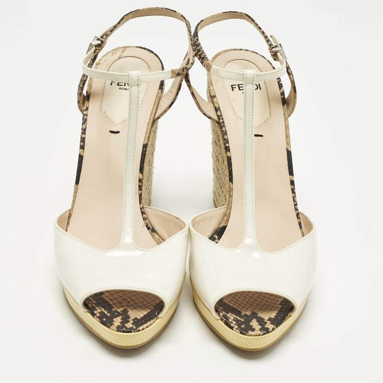 Pre Owned Fendi Elodie Size 39 Multicolor Patent Leather and Python Embossed Leather Wedge Sandals
