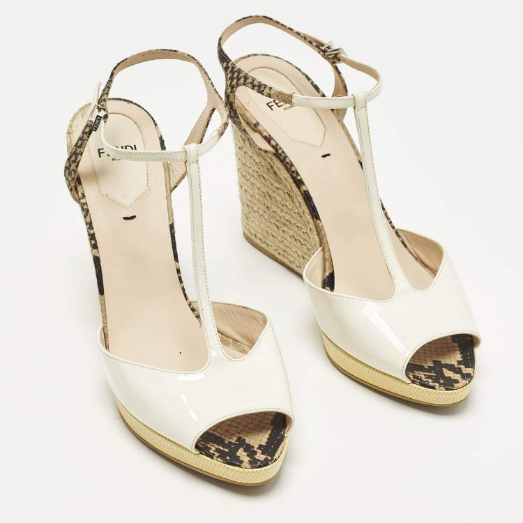 Pre Owned Fendi Elodie Size 39 Multicolor Patent Leather and Python Embossed Leather Wedge Sandals