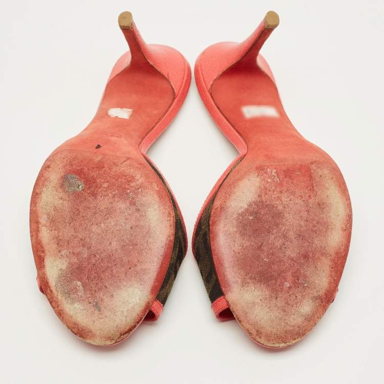 Pre Owned Fendi Size 37 Pink/Brown Zucca Canvas and Leather Bow Slide Sandals