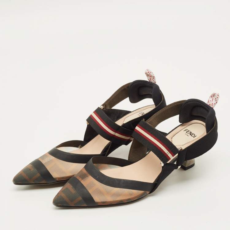 Pre Owned Fendi Colibri Size 36 Brown/Black Zucca Canvas and Mesh Slingback Pumps
