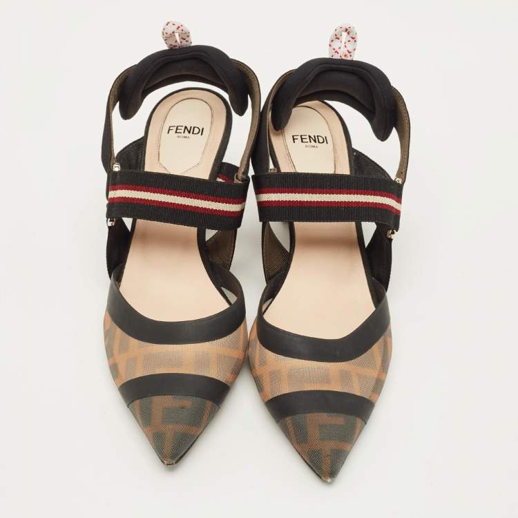 Pre Owned Fendi Colibri Size 36 Brown/Black Zucca Canvas and Mesh Slingback Pumps